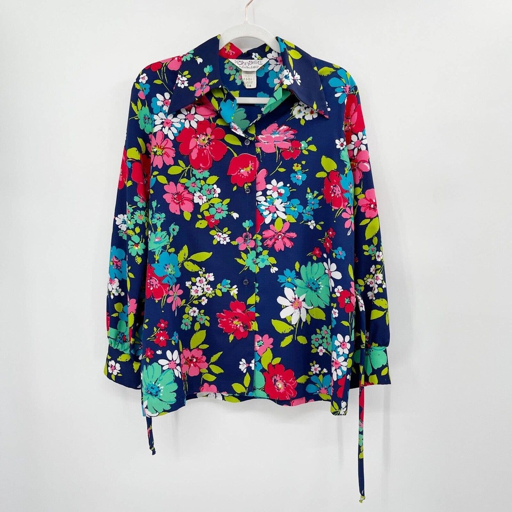 Le Soft Shirt by Lady‎ Manhattan Floral Shirt Size 16 Button Down Belted Vintage
